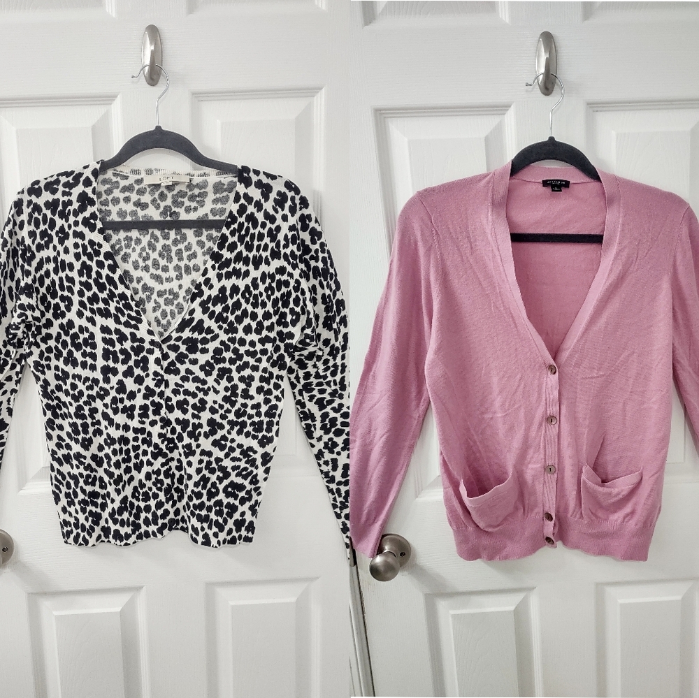 Ann Taylor Loft Leopard Print Pink V Neck Button Down Cardigan 2-pack Size M